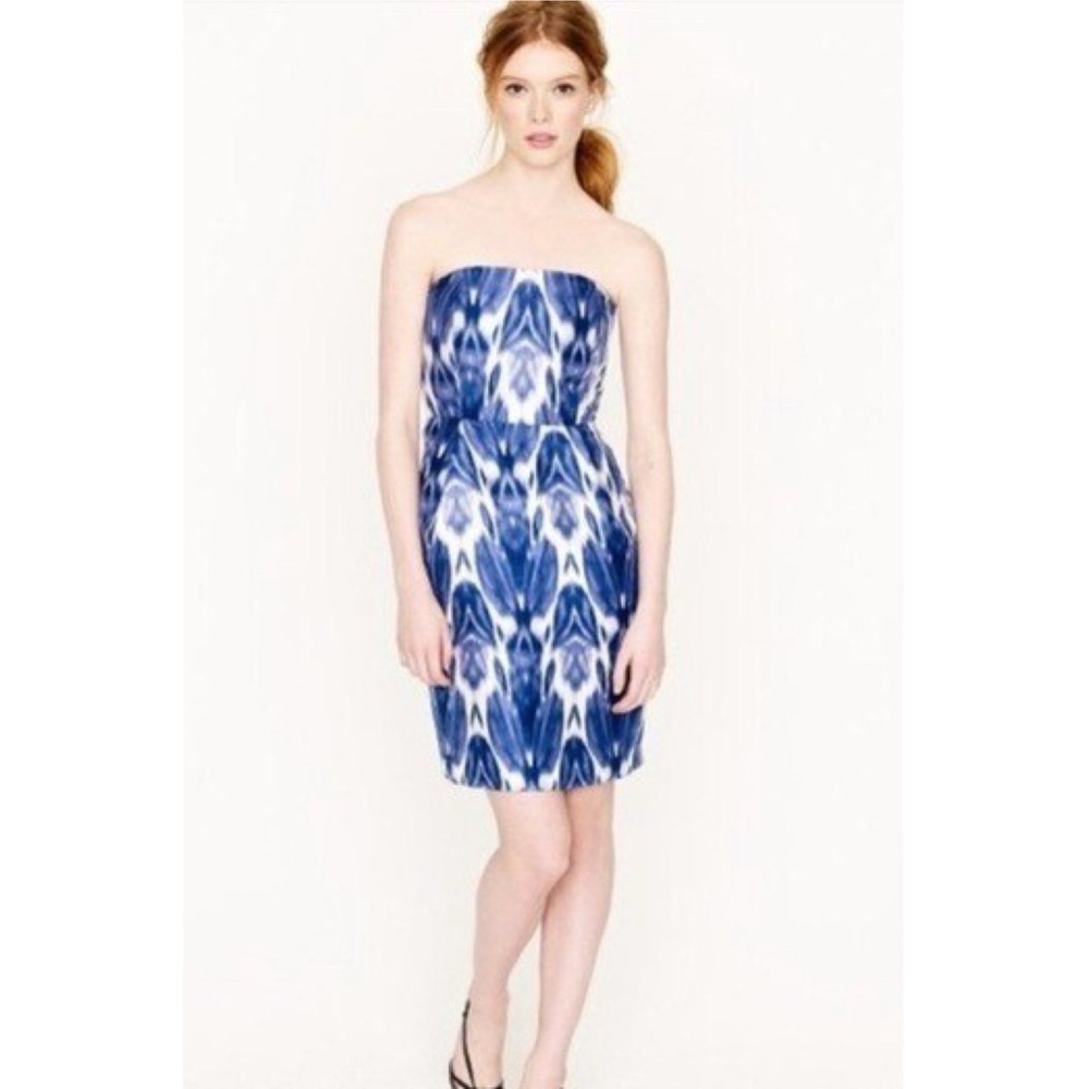 J. Crew Collection Blue Ikat Silk Strapless Mini Dress